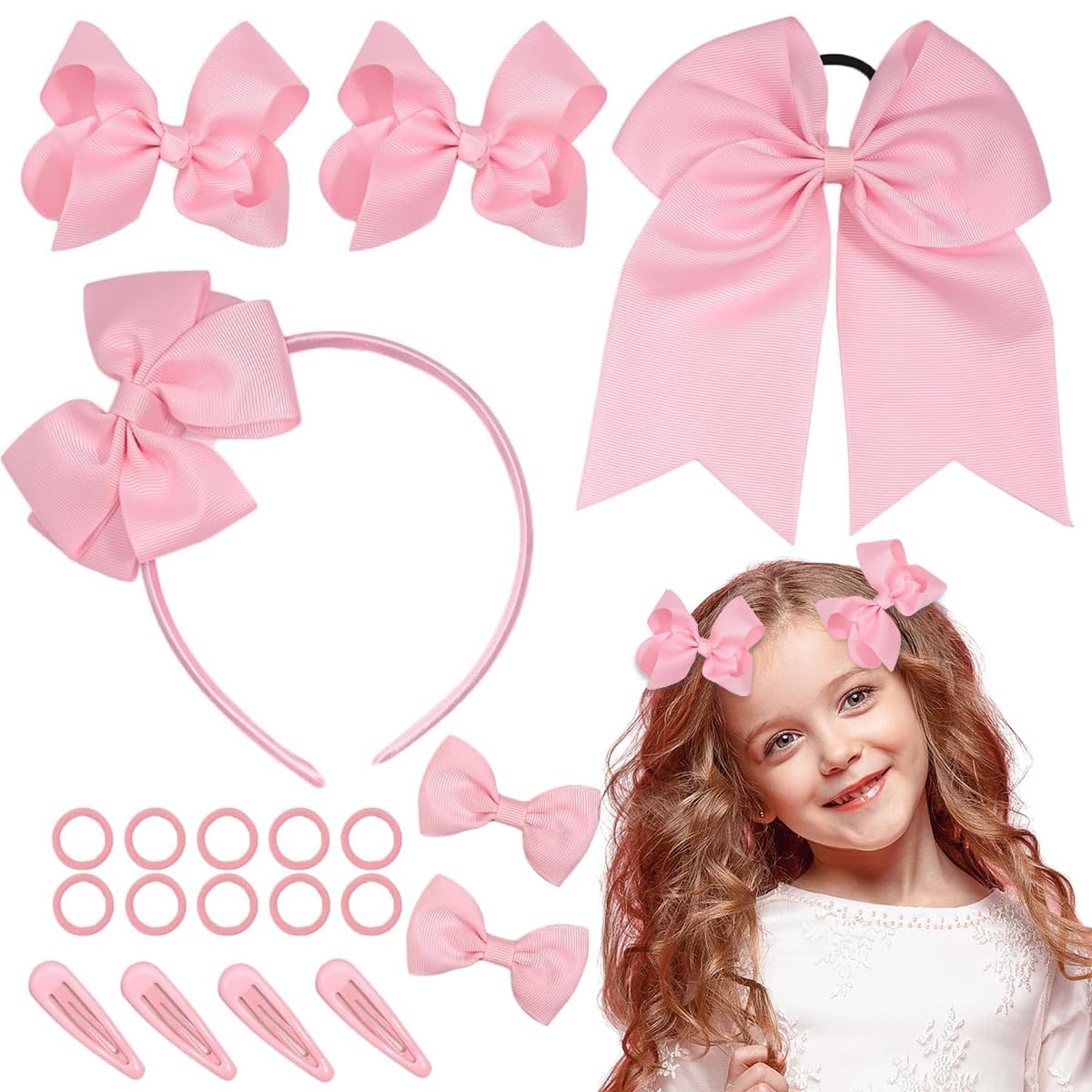 PALAY Bow Hairband 20pcs Set for Kids featuring Bowknot Clips and Pink Hair Ties | Girls Accessories