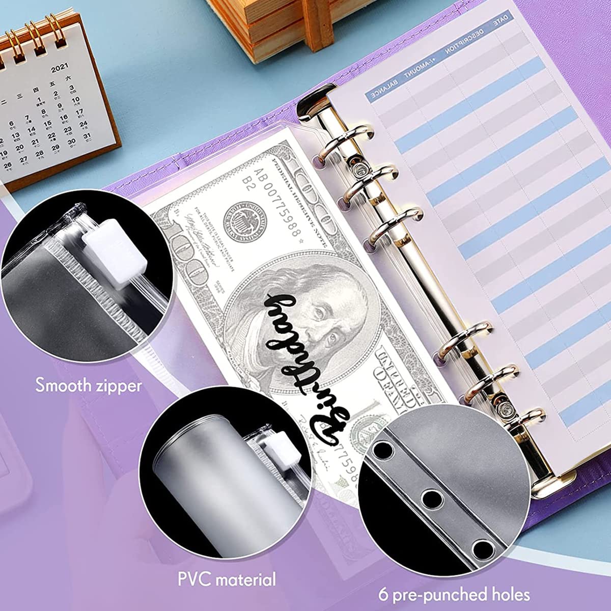 HASTHIP File Folder Ring Binder Notebook for Budget Organization with 6 Rings and 8 Envelopes | A6 PU Leather Purple Set