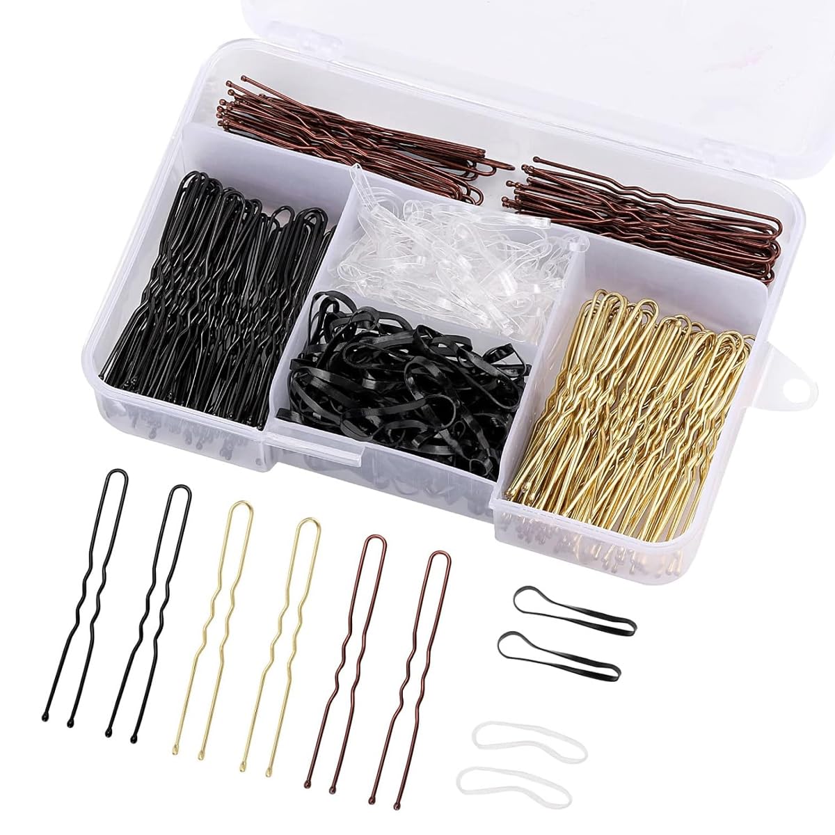 MAYCREATE Hair Pin Kit for Stylish Updos with 150 U Pins & 100 Elastics | Storage Box