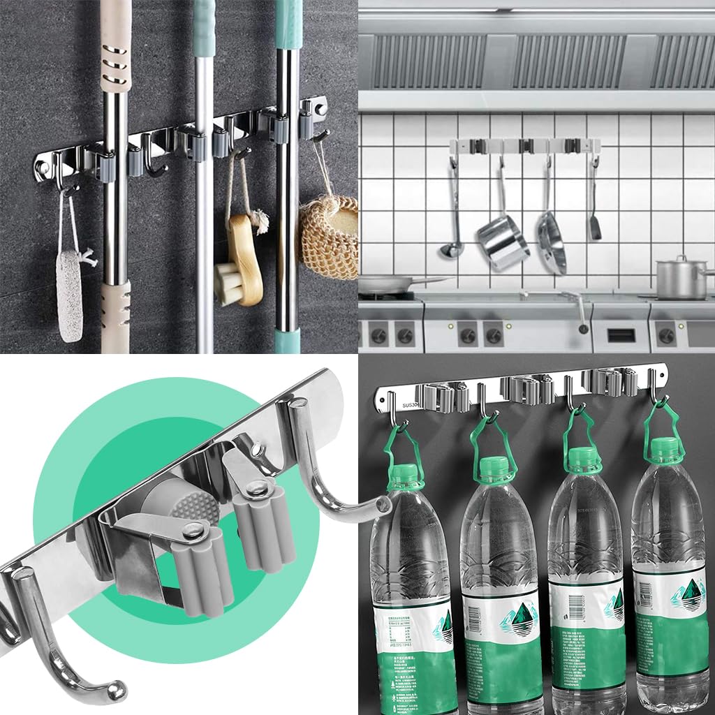 Zibuyu Broom Holder Wall Mounted for Kitchen and Bathroom with 3 Holders & 4 Hooks 14.9 in Stainless Steel Organizer