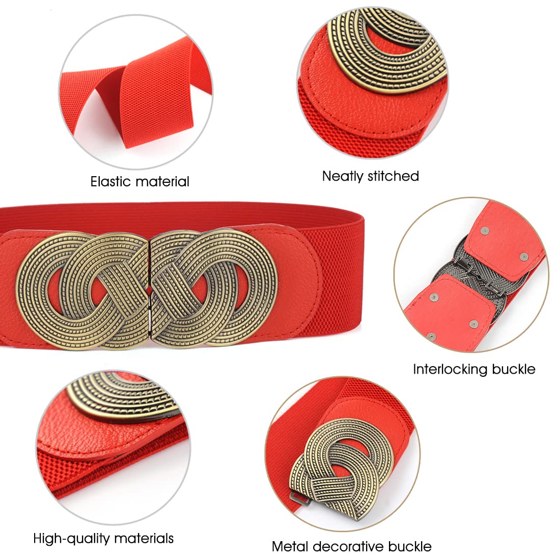 ZIBUYU® Waist Belts for Women, Girls Dresses Stylish Women Belts with Interlocking Buckle Modern Belt for Girls, Women Long Dress and Jeans Belts Stretchy Elastic Waist Belts for Girl, Women - Red