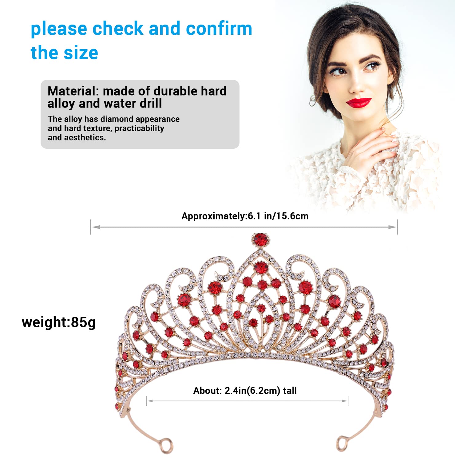 GUSTAVE® Red Crystal Princess Crown Tiara with Hair Accessories for Ladies,Girls,Bride,Parties