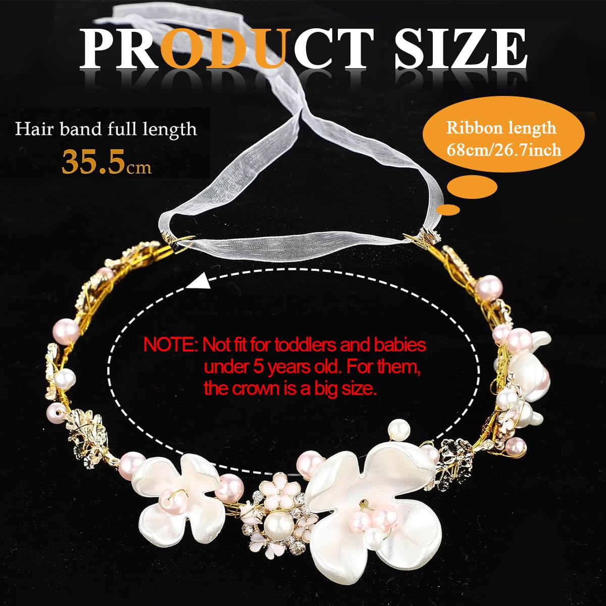 SANNIDHI Flower Tiara for Weddings with Pearl and Ribbon Tie Gold Metal Crown | 3 PCS Set