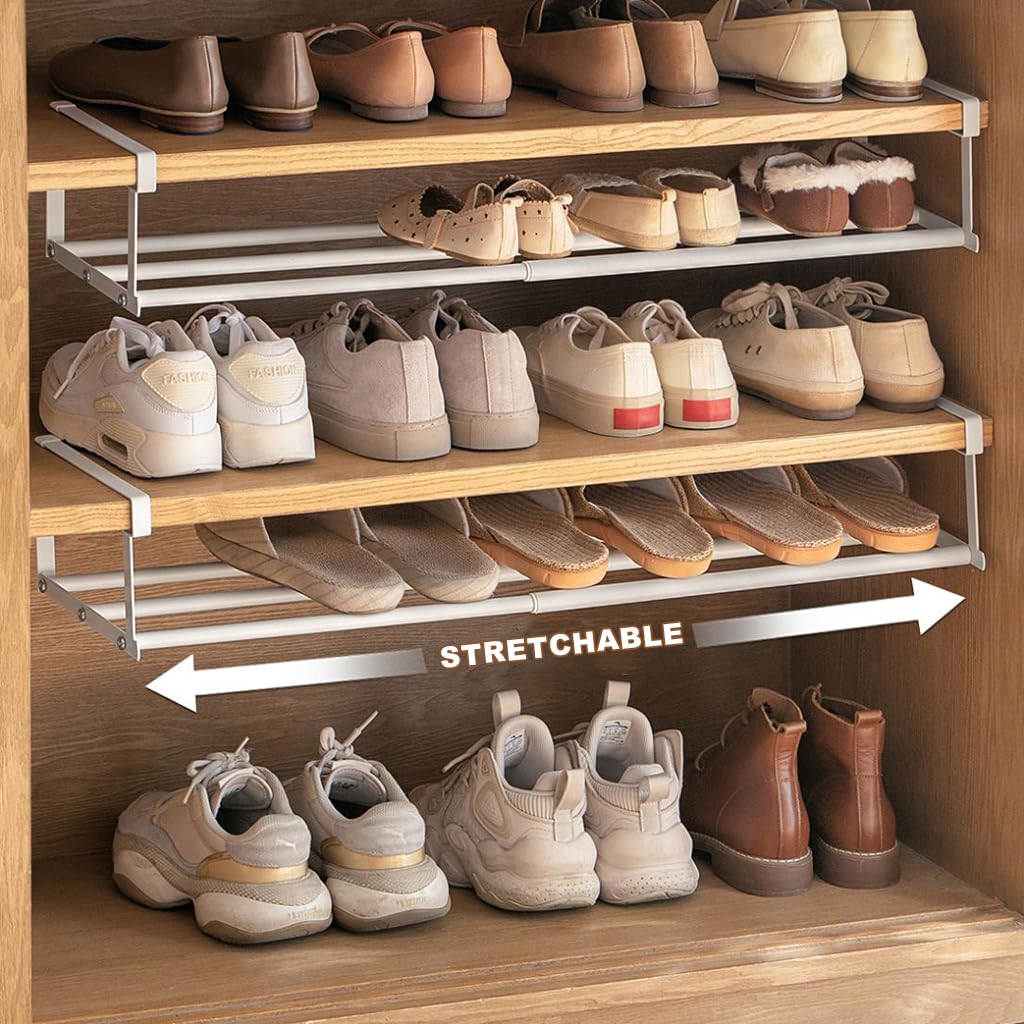 Adjustable Shoe Rack for Cabinet with 15.7–23.6 in Expandable Shelf Divider in White | Tool-Free Space Organizer