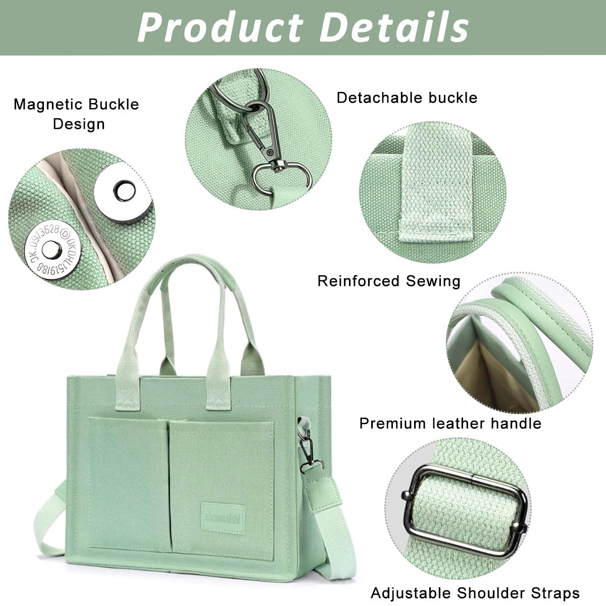 PALAY Casual Tote Bag for Women Multi Pockets Canvas Hand Bag with Removable Shoulder Strap Crossbody Tote Bag Chic Mint Green Canvas Day Bag Tote Bag for Commuting