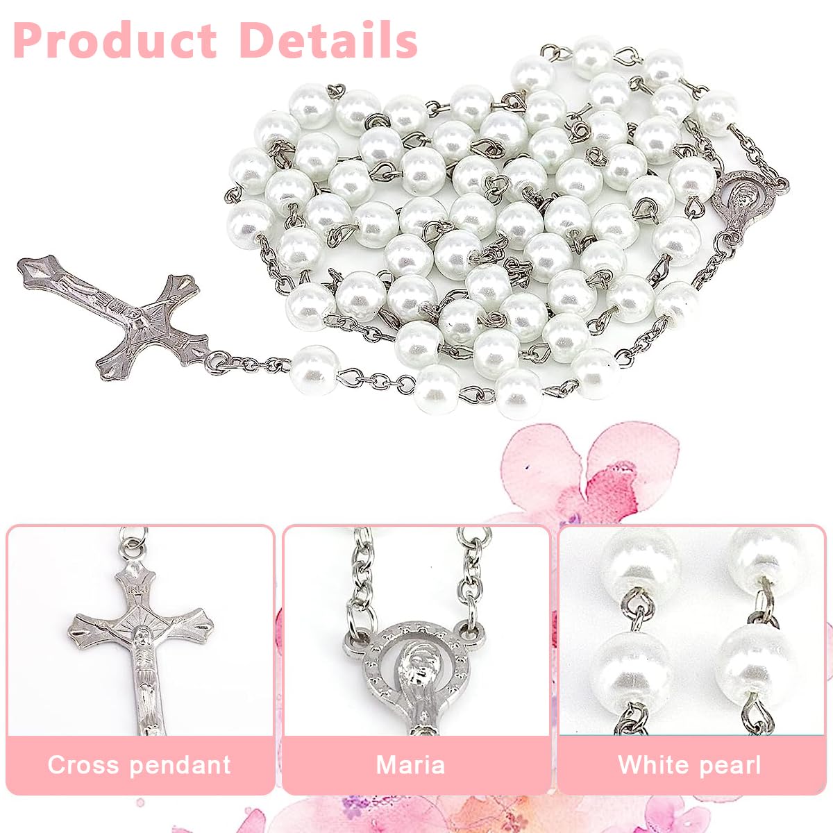 SANNIDHI Pearl Necklace for Prayers with 8mm Rosary Beads Cross Pendant | Catholic Gift