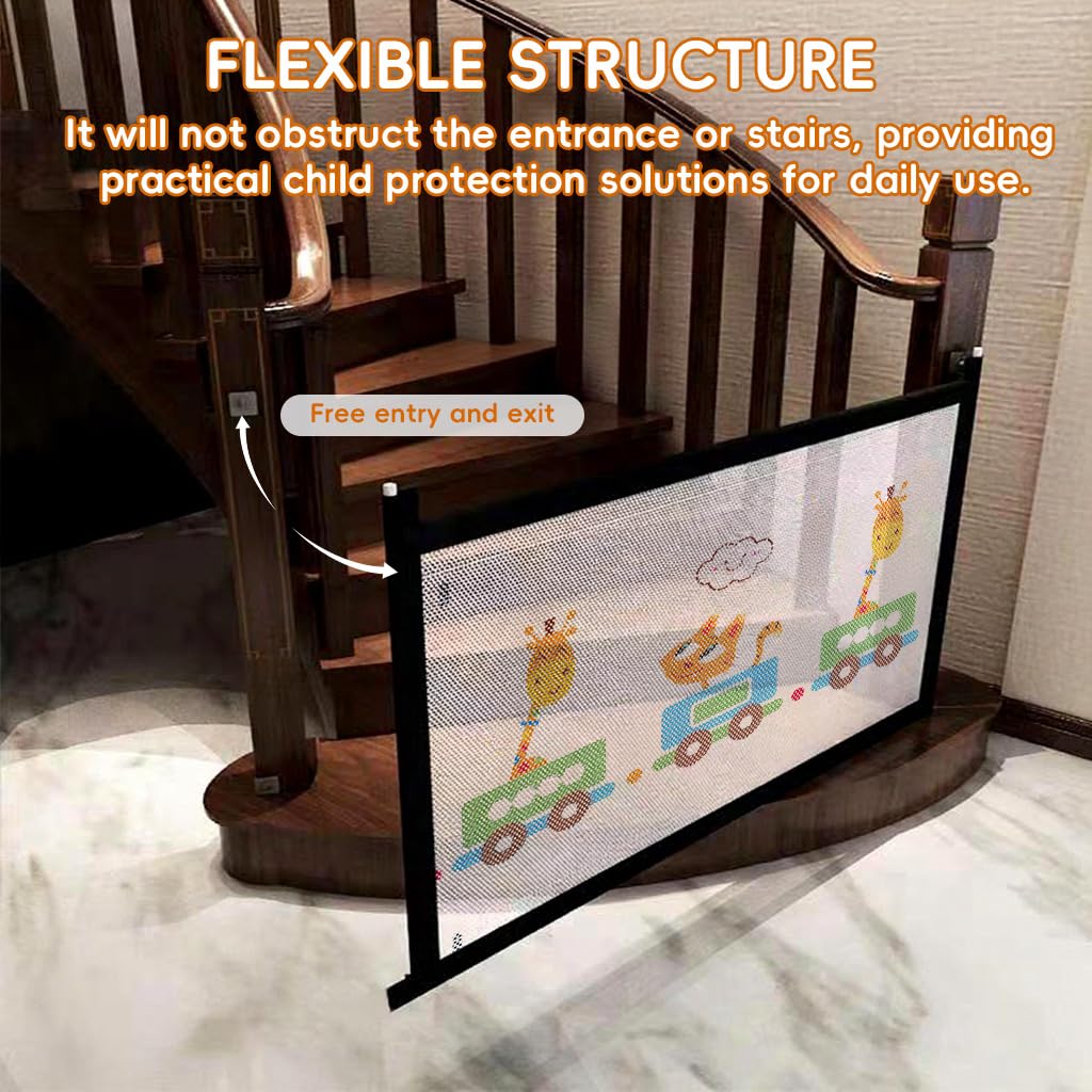 SNOWIE SOFT Retractable Kids Safety Mesh Door Barrier for Room and Stairway 85x134cm with Hook and Loop Closure | Ventilated Cartoon Design