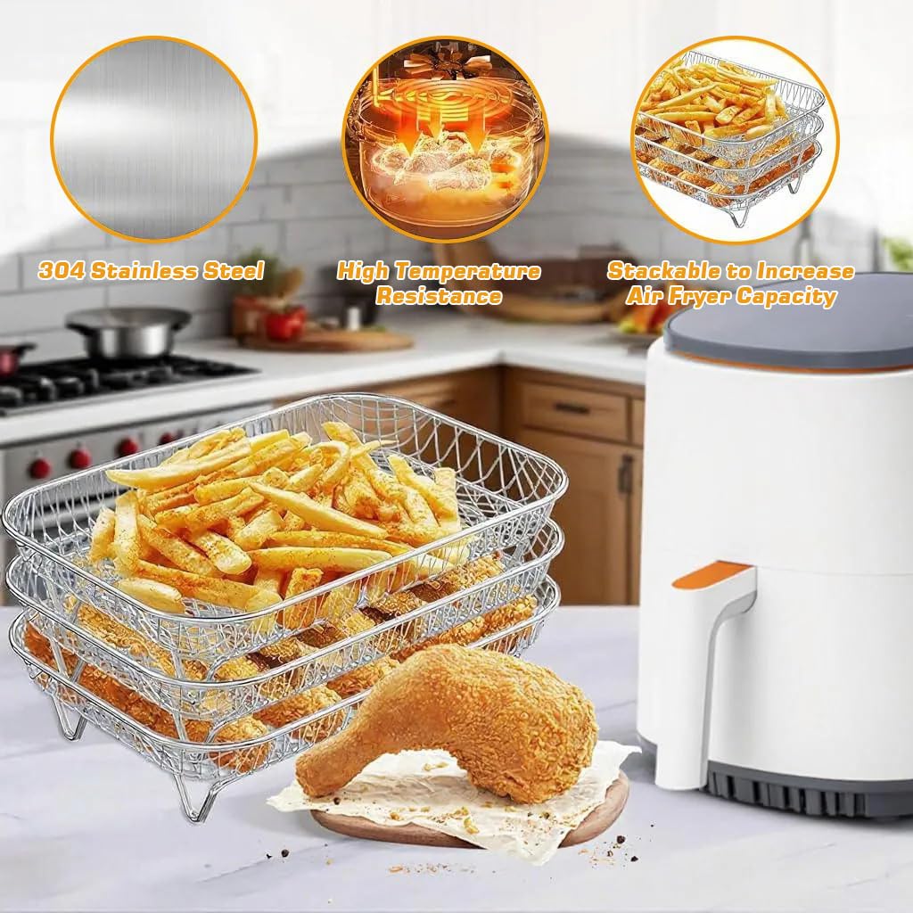 Supvox Stainless Steel Microwave Grill Stand for Air Frying and Baking | Set of 3 Raised Grids 19.5x13.5x9 cm