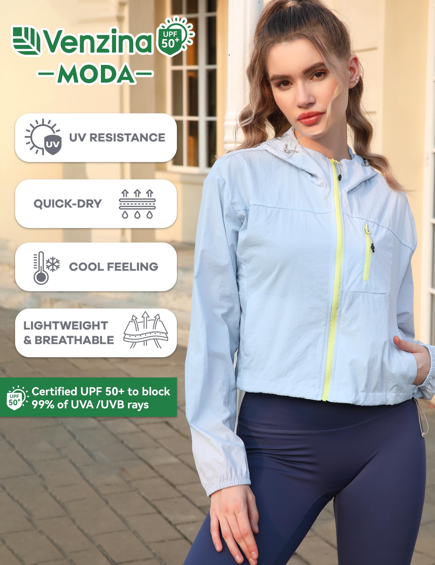 Zibuyu Womens UPF 50 Sun Protection Jacket for Outdoor Sports with Back Air Vent | Quick Dry Lightweight Nylon Hoodie in Light Blue