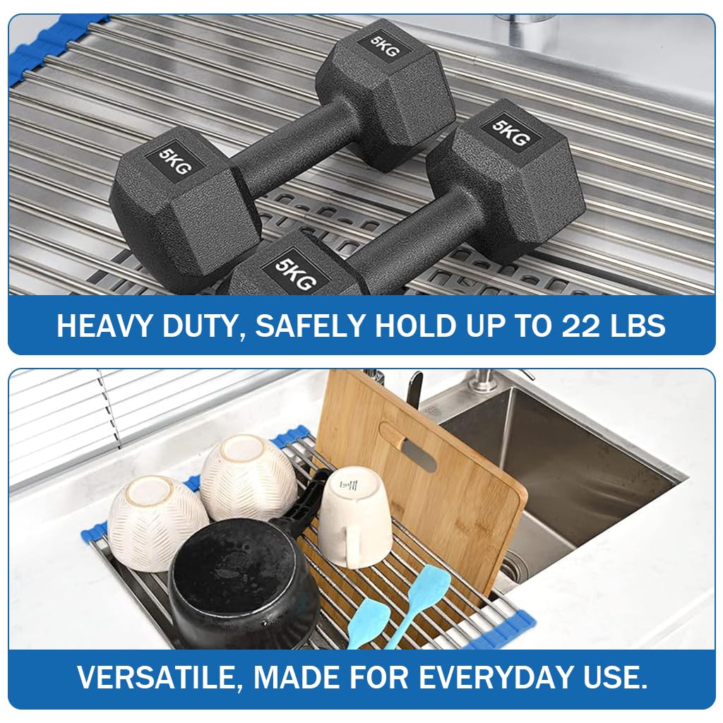 Supvox Dish Drying Mat for Kitchen Sink 20 x 13 in with 18 Rod Roll Up Stainless Steel Rack