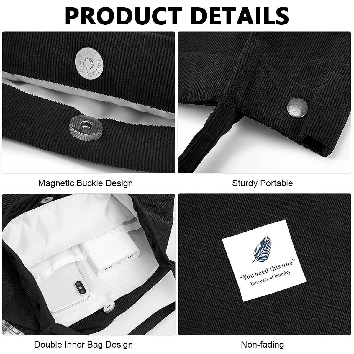 PALAY Tote Bag for Women featuring Reinforced Handles and Soft Corduroy Material Black 2PCS