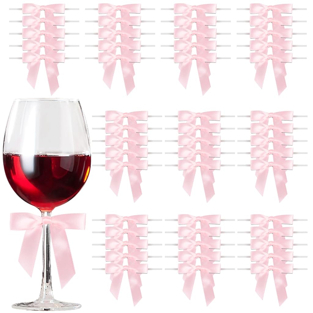 PATPAT® 50Pcs Satin Ribbon Bow Decor with Flexible Wire 2.5'' Pink Ribbon Bow Charm for Table Setting Decor, Gift Wrapping, Party Favors