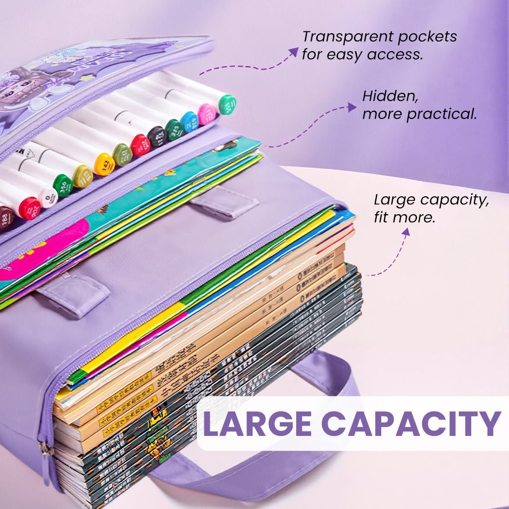 Zibuyu Tote Satchel Bag for School or Work with 13.8 x 10.6 in 3 Layer Capacity | Clear Pocket & Cute Cartoon Zippers