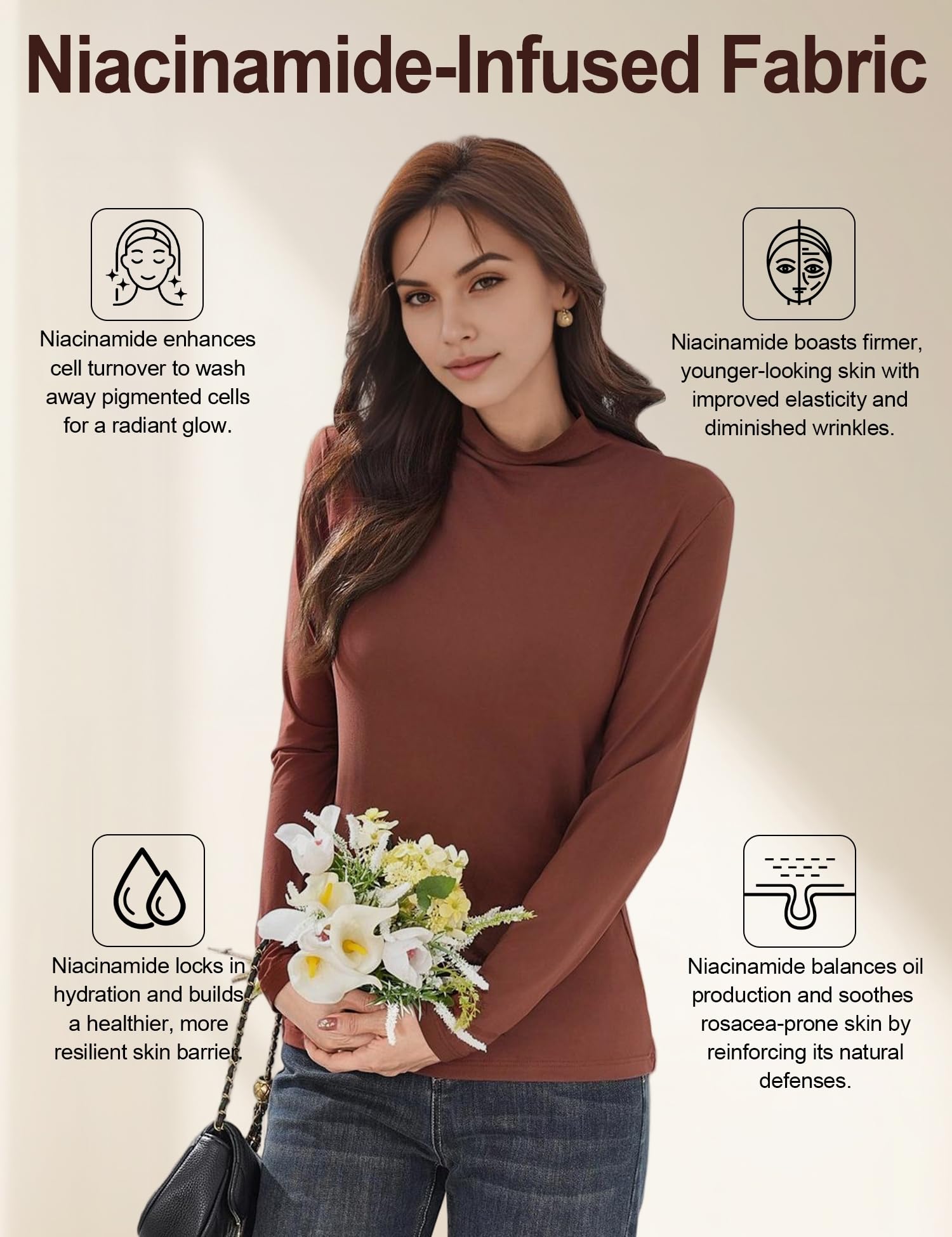 Venzina Women's Mock Neck Long Sleeve Top for Fall and Winter Layering | Soft Stretch Slim Fit Pullover in Rust Brown