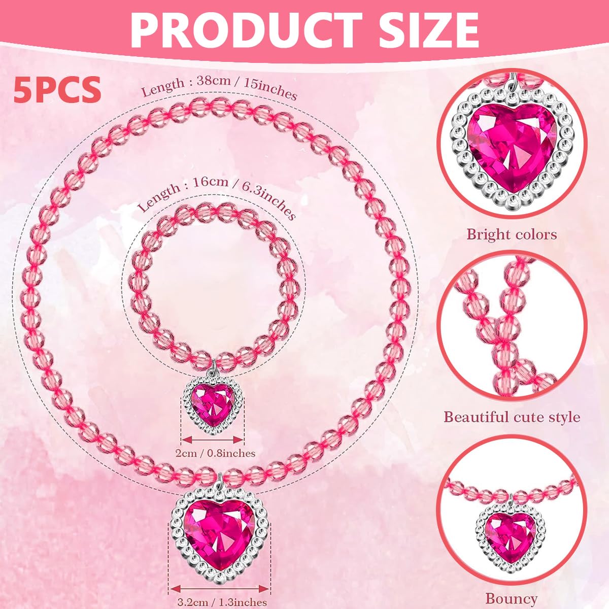 SANNIDHI 5pcs Color Bead Kids Necklace for Girls, Plastic Beads Kids Jewellery for Girls Color Heart Necklace for Kids