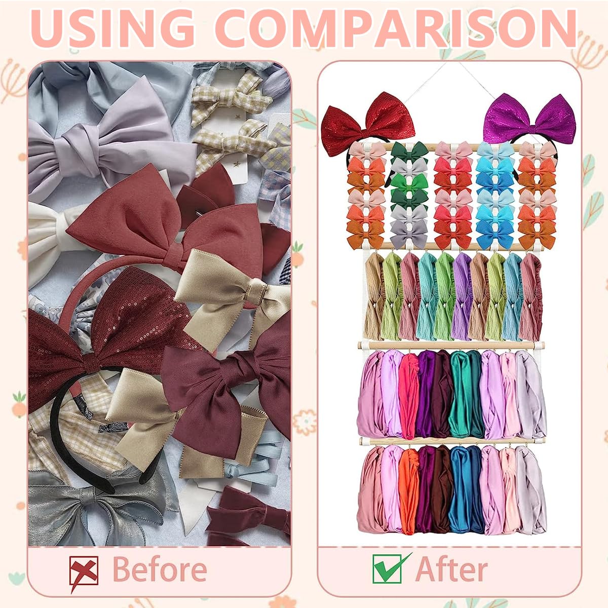 HASTHIP Metal Wall Hanging Headband Holder for 30 Headbands and 40 Clips | 3 Layer Organizer with Hooks and Cloth Straps for Girls Room Decor