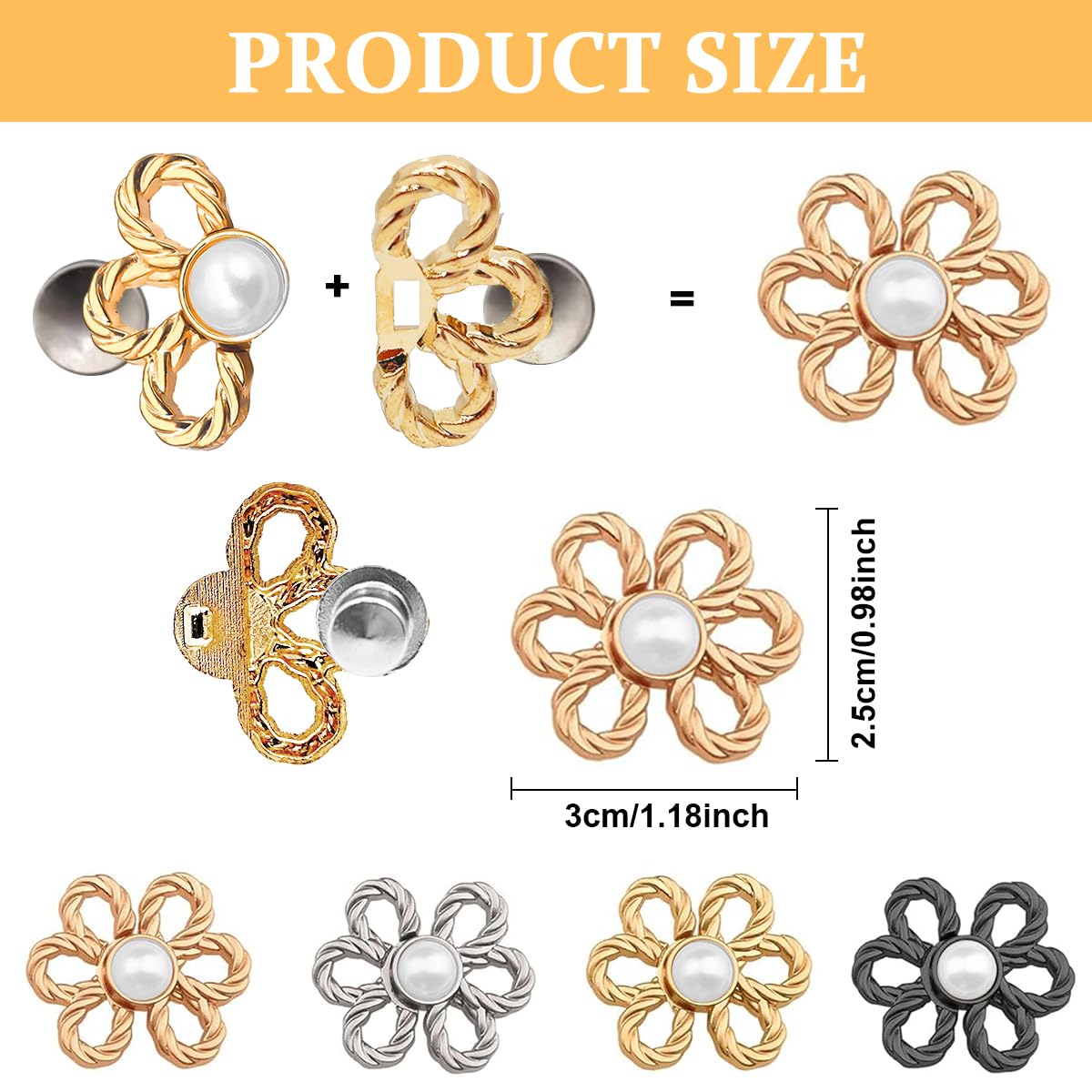 SANNIDHI Adjustable Waist Buckle for Jeans and Skirts with Flower Design | 4 Pairs Metal Pins