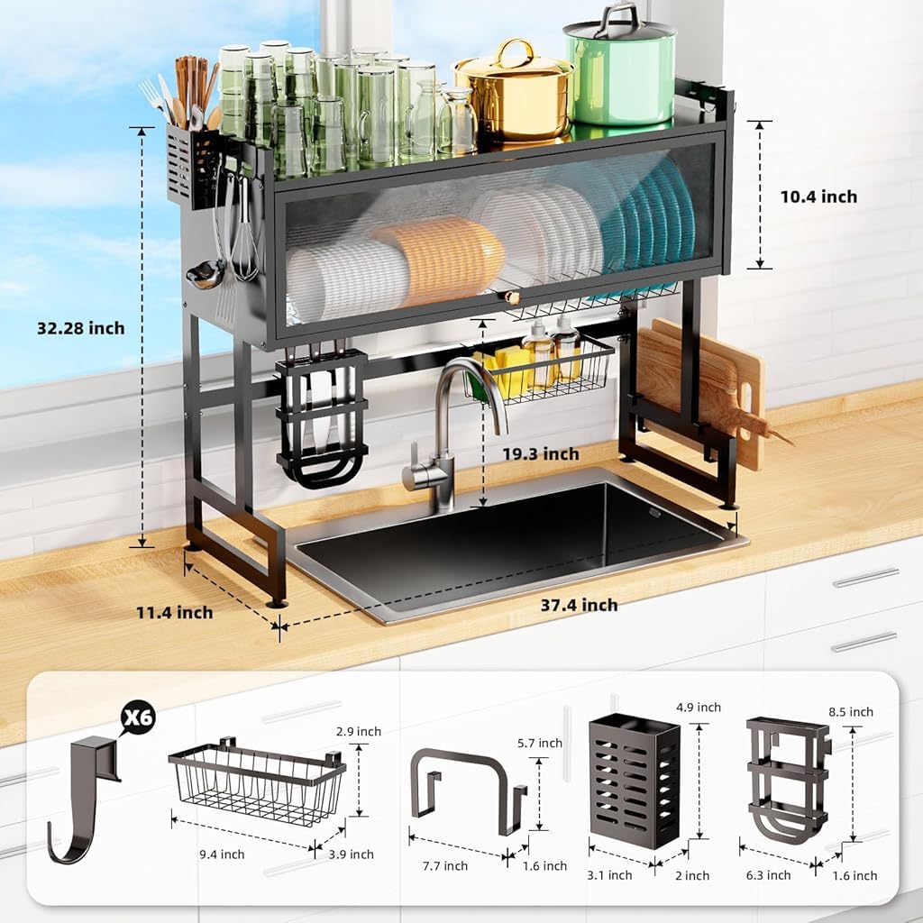 HASTHIP Over Sink Kitchen Organizer for Cutlery and Dishes featuring 2 Tier Carbon Steel Rack