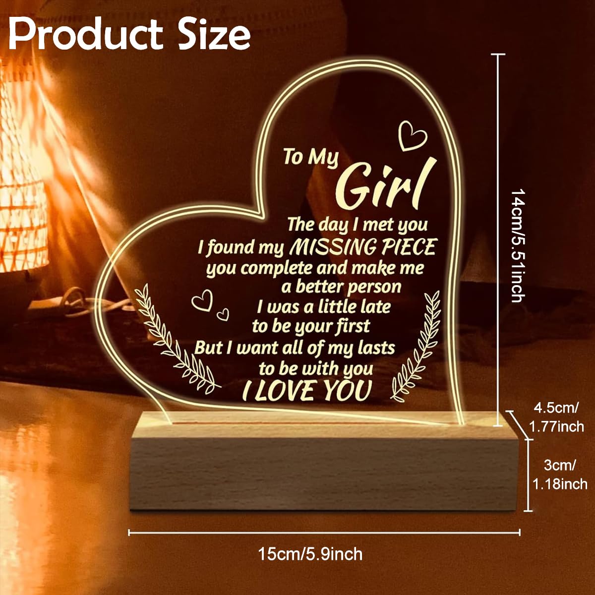 HASTHIP Romantic Gifts for Girlfriend with Engraved Acrylic Night Light and Wooden Base | USB Warm Light for Anniversary or Valentines Day