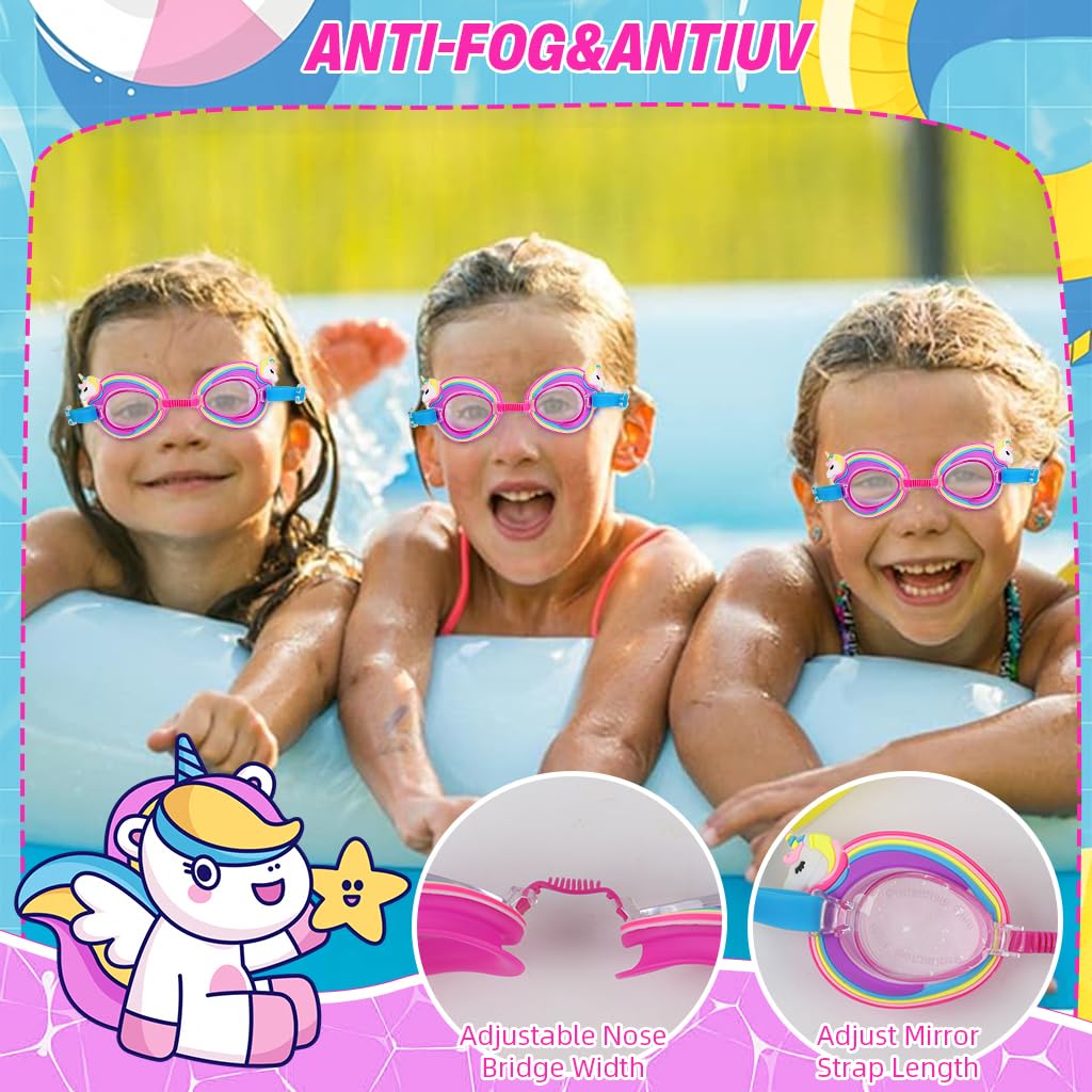 Proberos Kids Swimming Goggles with Anti Fog UV Protection featuring Cartoon Unicorn | 2PCS for Ages 6–12