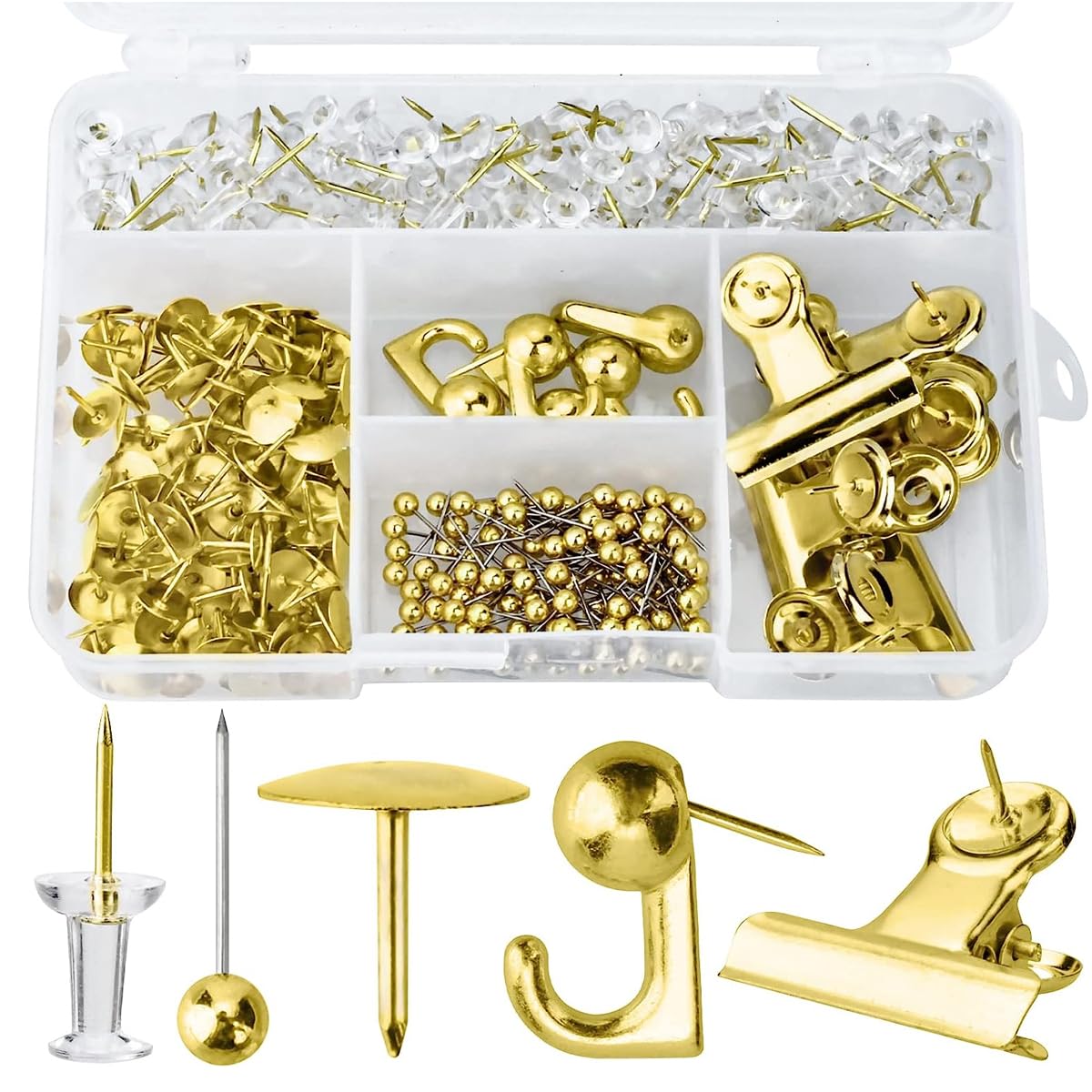 Climberty® 310 Pcs Gold Board Pins Set, Gold Thumb Tacks Decorative Push Pins for Cork Board with Push Pin Hook Pushpin Clip 5 Style Gold Office Accessories for Cork Board Map Office