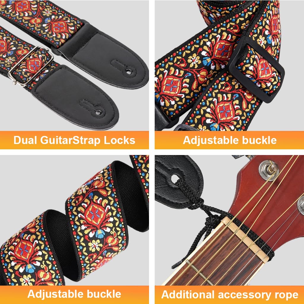 HASTHIP Guitar Strap with Double-Sided Embroidery adjustable 34–41 in for Acoustic Electric Bass | Gift for Musicians