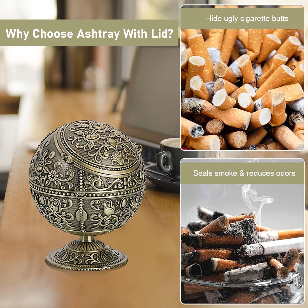 HASTHIP Ashtray for Cigarette with 9.8x11.5cm Detachable Lid featuring Zinc Alloy Design | Ideal for Car and Home Use