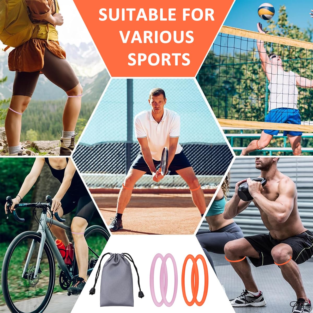 HANNEA Knee Support for Running with Silicone Patella Rings and Adjustable Straps | 2 Pairs 4PCS Pink and Orange