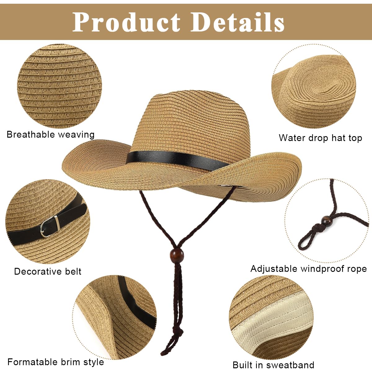 PROBEROS Mens Straw Panama Hat for Summer with Adjustable Chin Strap and UV Protection | Brown Lightweight Fedora Style