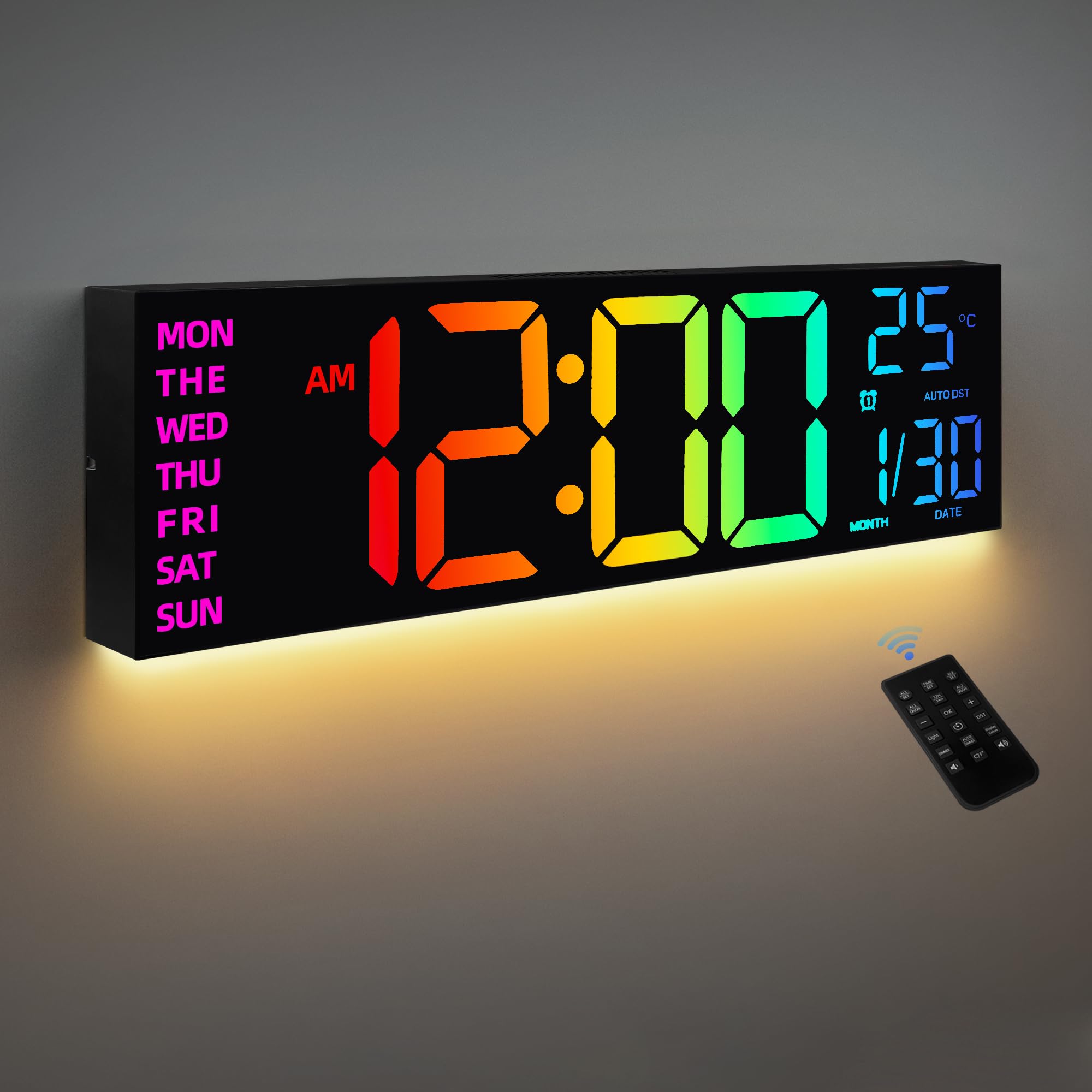 HASTHIP® 16'' 8 Colors Wall Digital Alarm Clock with Remote Control, Large Digital Clock with Temperature, Date, Auto DST, Night Light, Auto Brightness Dimmer, Wall Clock for Living Room Office