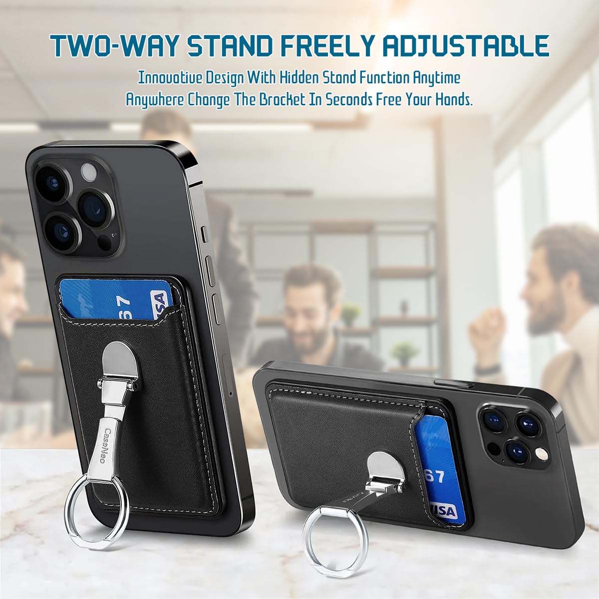 ZORBES Magnetic Wallet Phone Card Ring Holder with 360° Rotatable Metal Ring and PU Leather Design for iPhone 15 14 13 12 Series