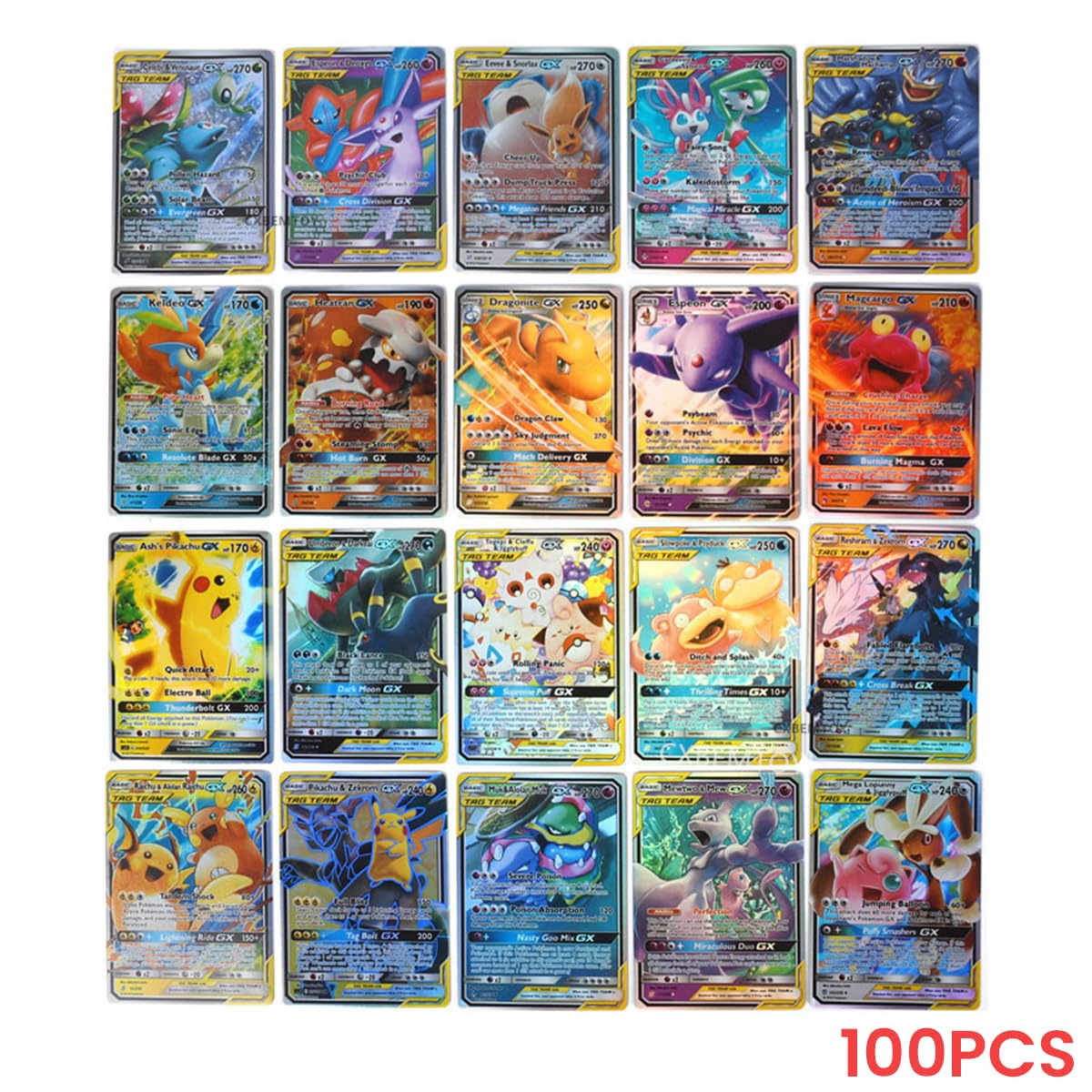 PATPAT® Poke-mon Cards 100 Pcs Rainbow Poke-mon Cards Real Foil Game Card GX Series Cards Rainbow GX TAG Cards with Box Poke-mon Toy Gifts for Boys Poke-mon Fans Unofficial