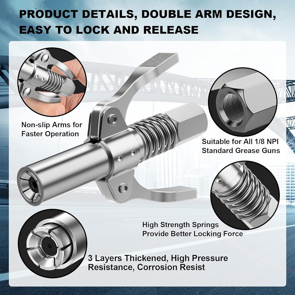 STHIRA® Grease Gun Coupler, Strong Lock Release Grease Coupler, 12000 PSI Quick Release Metal Grease Gun Coupler Dual Handle Grease Gun Tip 30cm Hose Compatible with All Grease Gun 1/8" NPT Grease Gun Fitting