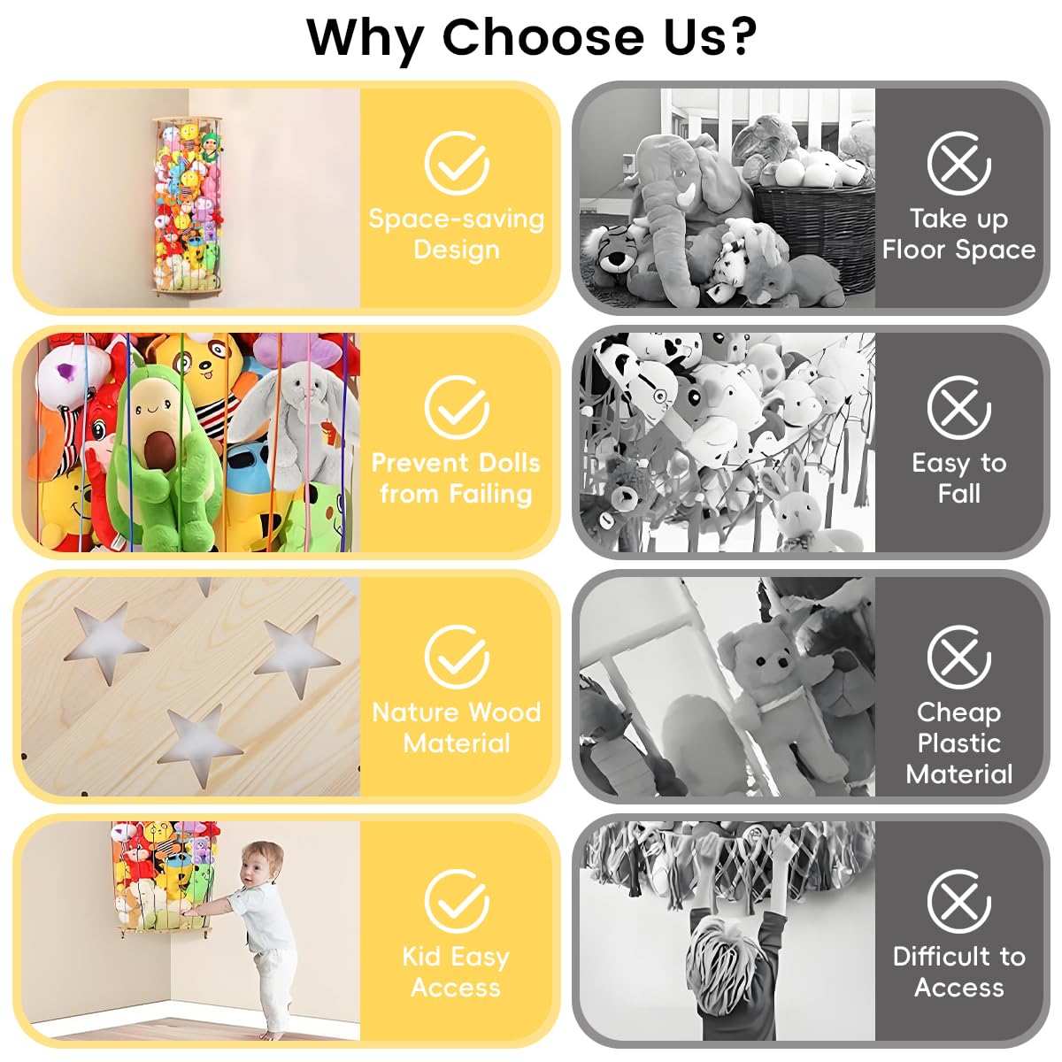 SNOWIE SOFT Wall Corner Organizer for Stuffed Toys featuring Elastic Rope Storage 44–77 in with Wooden Base and Roof | Space‑Saving Display for Kids Room