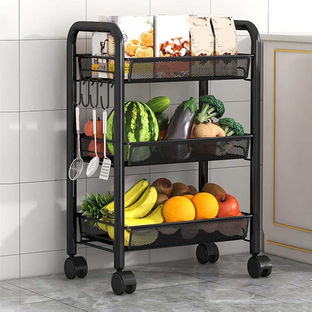 HASTHIP® Mobile Trolley 3-Tier Mesh Storage Trolley Assembly Kitchen Organizer Troller with Caster Wheels, Adjustable Spacing Design, Multipurpose Trolley for Kitchen, Bathroom, 44x27x63cm