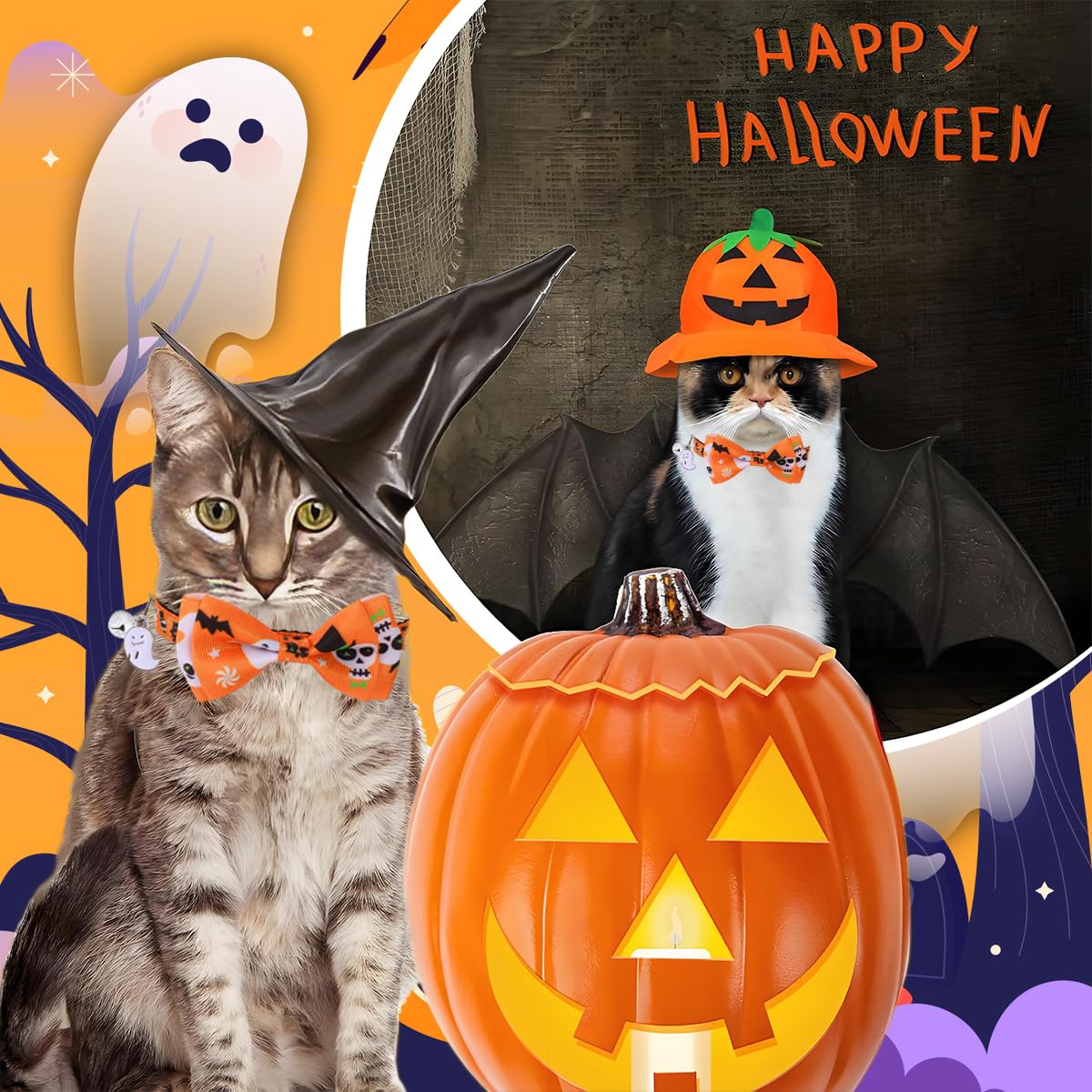 Qpets Halloween Cat Collar with Bell featuring Orange Skeleton Prints and Quick Release Buckle