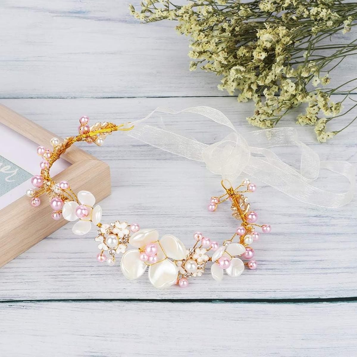 SANNIDHI Flower Girl Headband, Wedding Bridal Hair Accessories, Pearl Floral Headpiece for Women Girls, Princess Dress Up Hairband for Wedding Party First Communion Gifts (Pink)