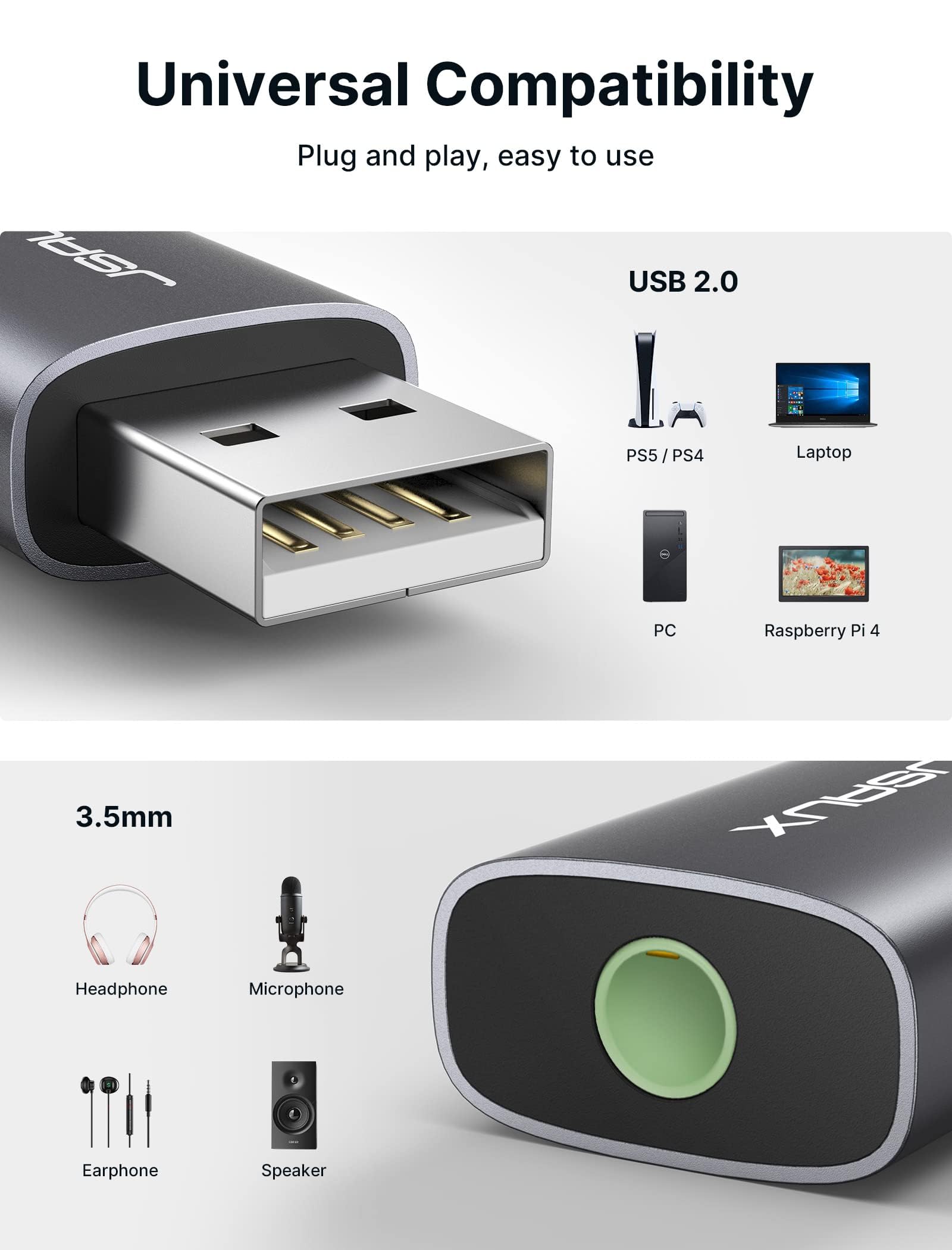 JSAUX USB Sound Card for PC and Laptop with Advanced Audio Chip | 2 Pack Plug and Play Adapter