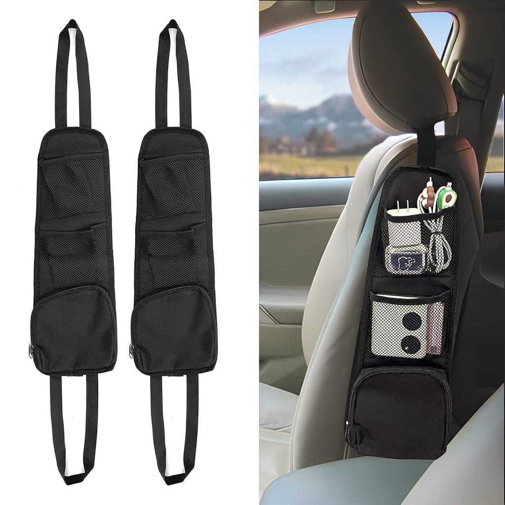 STHIRA® 2PCS Car Seat Storage Hanging Bag, Multi-Pocket Seat Side Organizer, Multifunctional Mesh Net Pocket, Can Hold Mobile Phone, Wallet, Glasses, Suitable for Cars, SUVs
