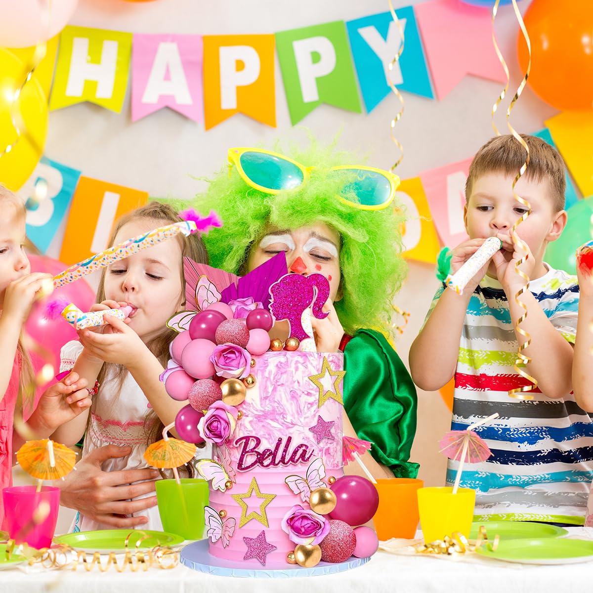 HASTHIP Cake Toppers for Birthday Cakes with 36 Pcs Glittering Stars and Pink Girl Silhouette | Party Decorations for Women and Girls