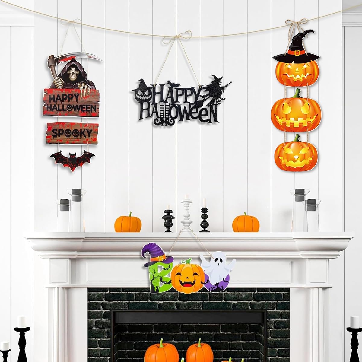 HASTHIP Halloween Wall Hangings for Home and Party Décor featuring 5 Paper Signs | Pumpkin Ghost Witch Bat Designs