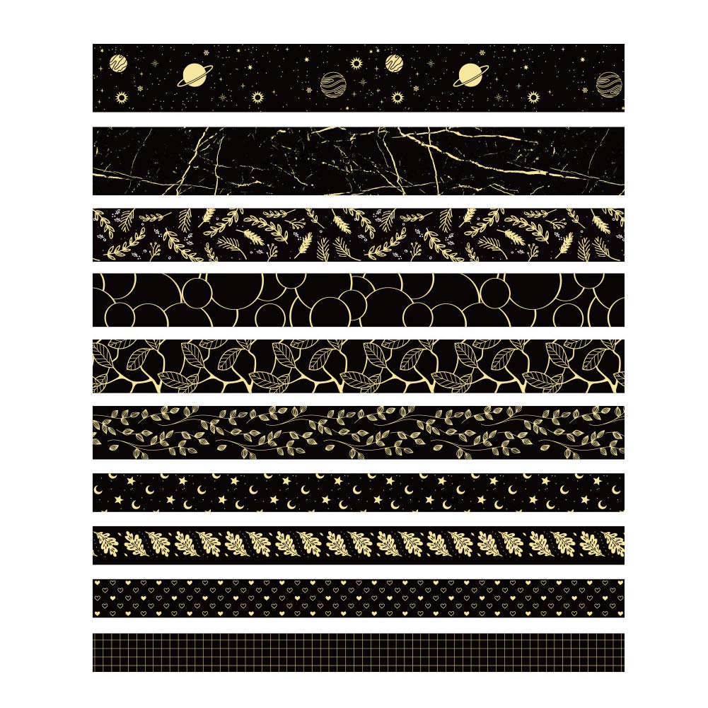 ZIBUYU Washi Tape Set for Journals and Scrapbooking with 10 Rolls 3m Each | 3 Sizes Black Golden Foil