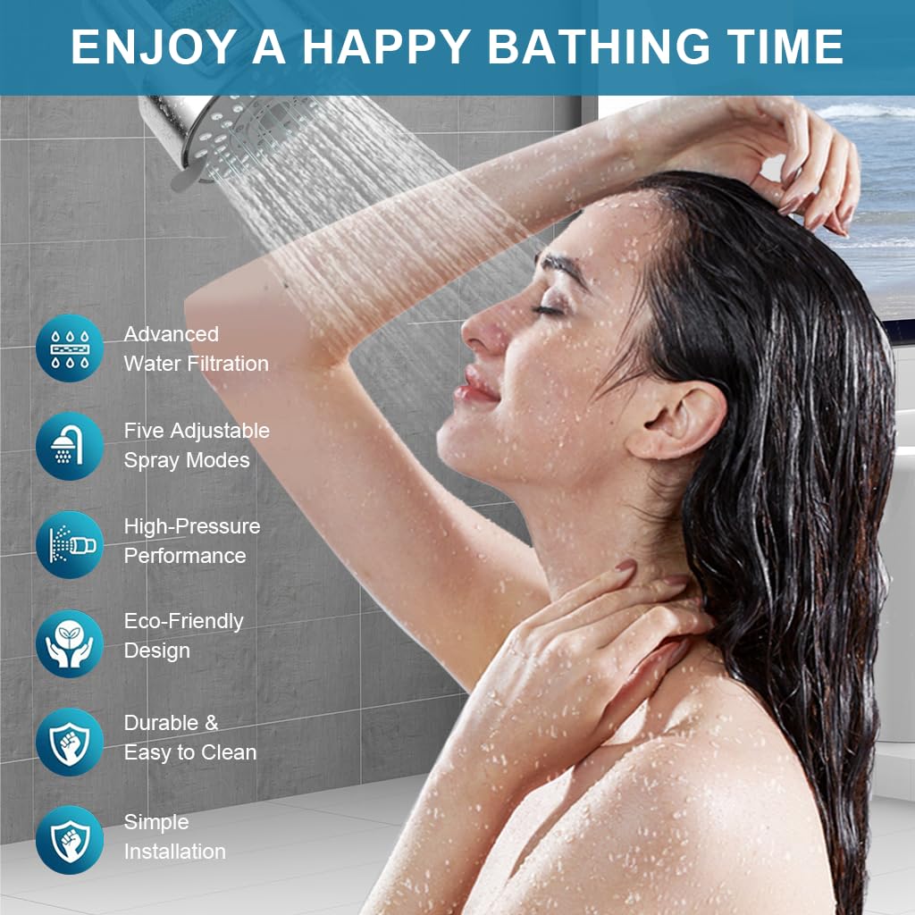 HASTHIP Filtered Shower Head for Hard Water with 20 Stage Filtration and 6 Inch Arm | 5 Spray Modes
