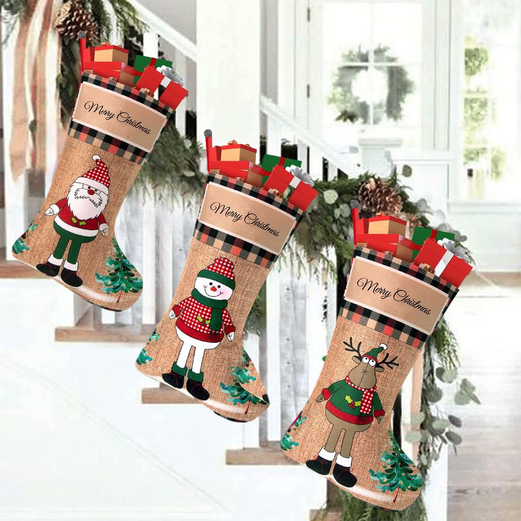 HASTHIP Christmas Stockings 3pcs 16 inch Linen Set for Fireplace and Tree | Elk Snowman Santa Design