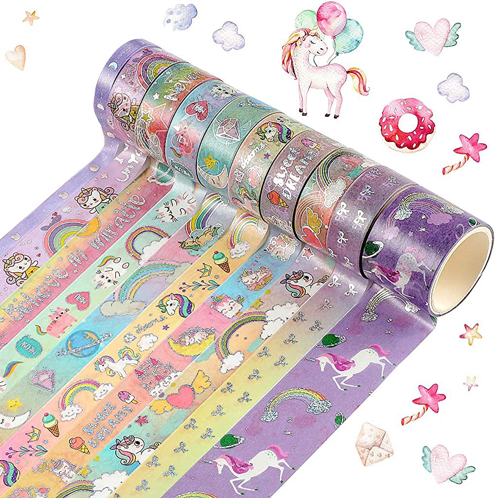 HASTHIP® 10 Rolls Unicorn Washi Tape Glitter Unicorn Pattern Washi Tape Decorative Adhesive Tape for DIY ,Beautify Bullet Journals,Planners