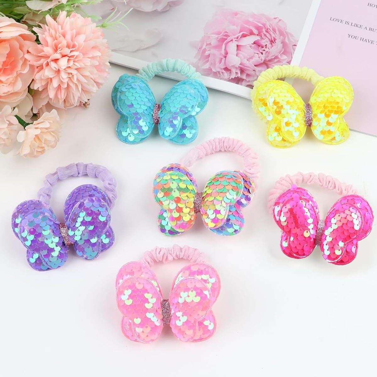 PALAY® 6 Pcs Sequins Butterfly Scrunchies for Girls Bows Scrunchies Butterfly Scrunchies Hair Accessories for Girls Stylish Glittering Butterfly Scrunchies for Girls