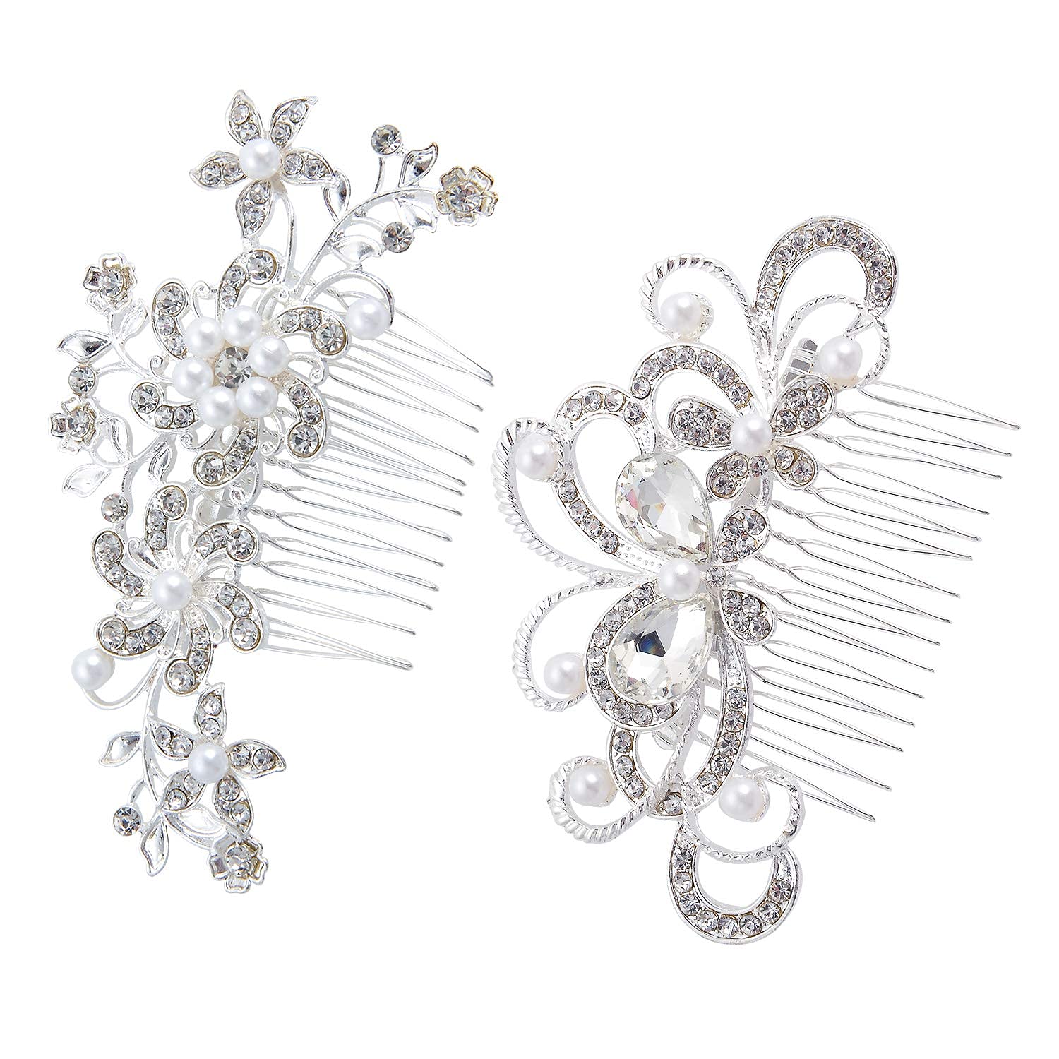 PALAY® 2 Pcs Bridal Hair Clips-Dainty Flowered Headpiece White Cream Flower Beads Hair Comb Vintage Crystals Hair Comb Hair Accessory for Women & Girls