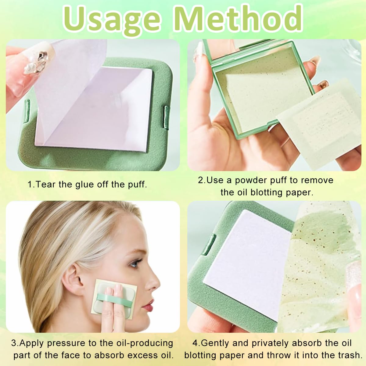 MAYCREATE® 100Pcs Face Blotting Paper for Oily Skin, Oil Blotting Sheets for Face, Natural Linen Oil Paper for Face, Blotting Paper for Makeup, Built-in Mirror & Powder Puff for Women Men (Green Tea)