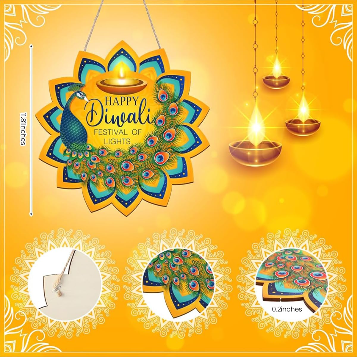 HASTHIP Diwali Door Hanging for Home and Party Decor with Rope 9.84 in Wood Peacock Sign