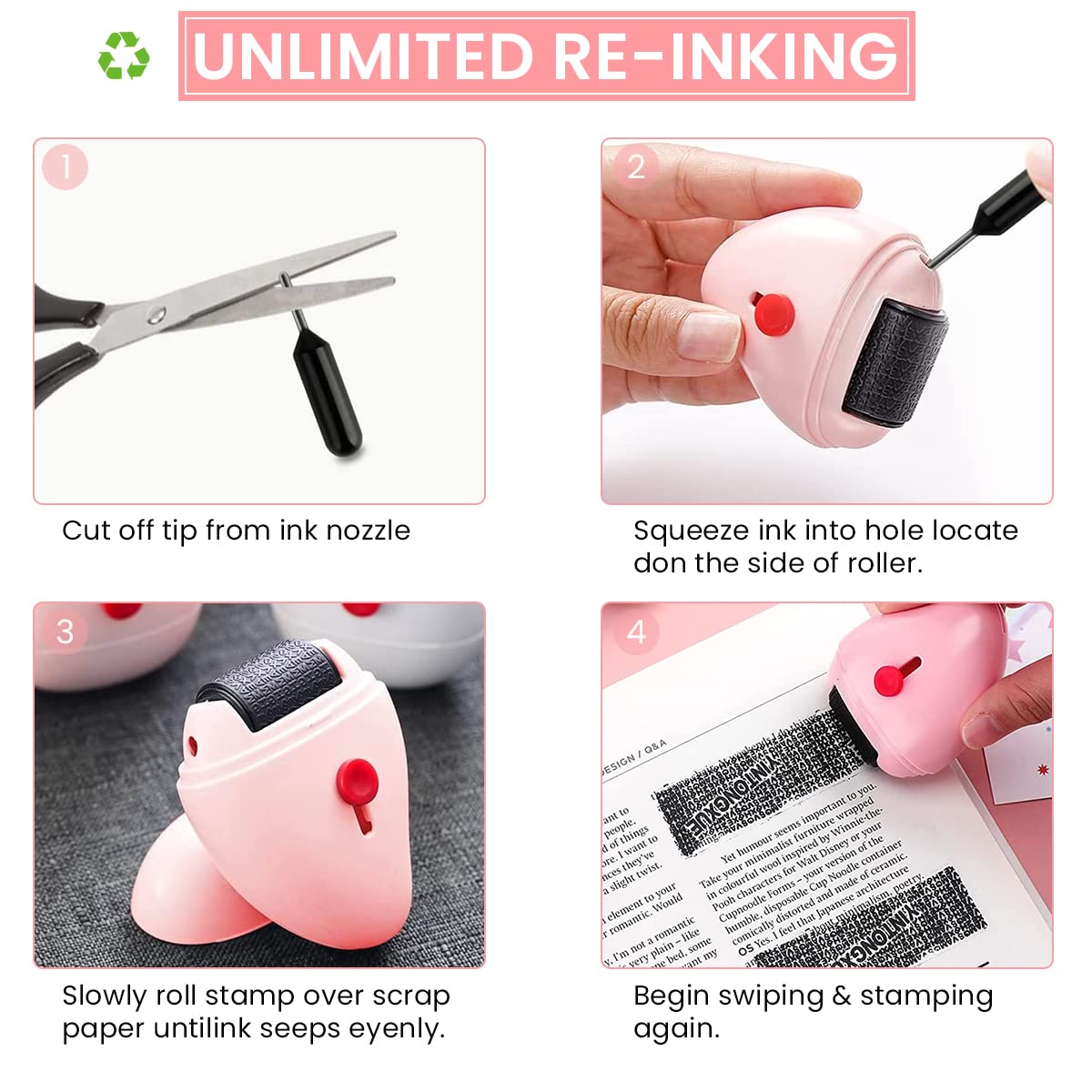 HASTHIP Confidential Roller Stamp for Identity Protection with Refillable Ink and Mini Cutter | Pink